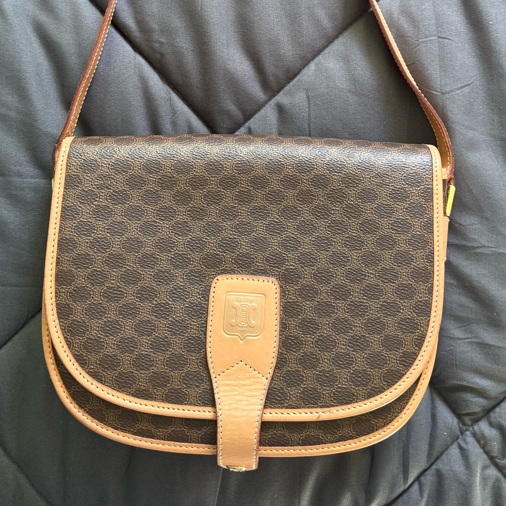 Vintage Celine Brown Leather Saddle Crossbody with Tan Trim